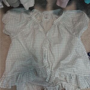 Blue Pajama Set with Puff Sleeves and Ruffled Hem